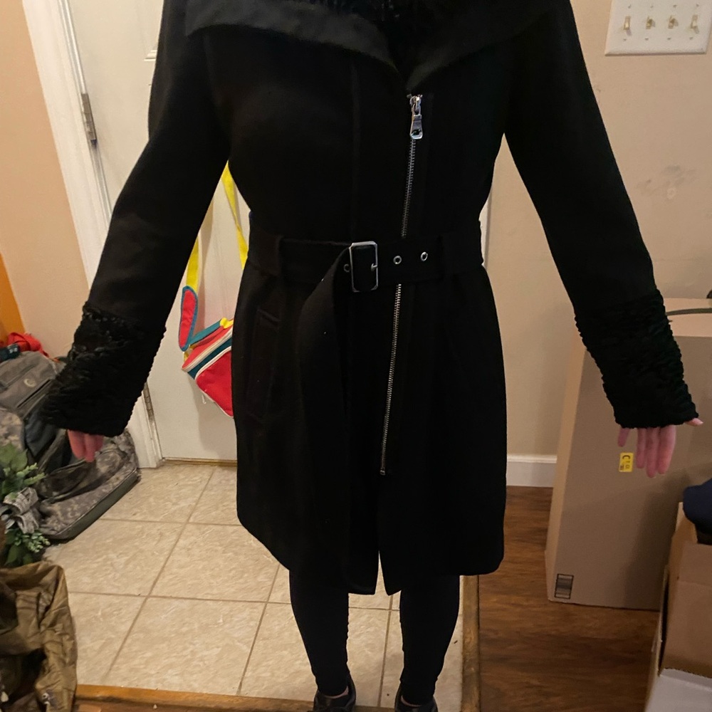 Guess black belted asymmetrical zip wool coat size large GUC
